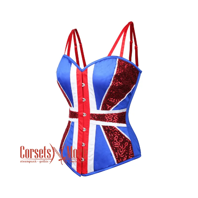 Factory Direct Sale Factory Direct Sale Blue And White Satin With Red Sequins UK Flag Goth Burlesque Overbust Corset Factory Direct Sale Factory Direct Sale Blue And White Satin With Red Sequins UK Flag Goth Burlesque Overbust Corset