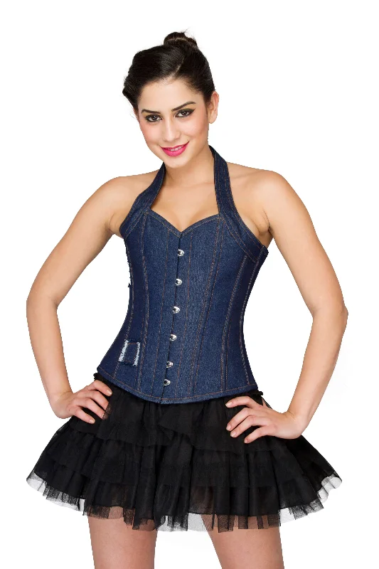 Limited Offer Limited Offer Blue Denim Halter Neck Overbust Corset Top