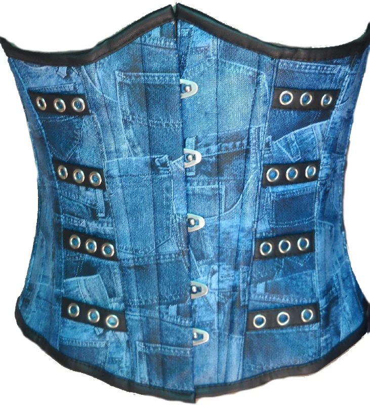 Mega Sale Mega Sale Blue Denim Print Faux Leather Waist Cincher Front Open Busk Underbust Women Corset Costume Mega Sale Mega Sale Blue Denim Print Faux Leather Waist Cincher Front Open Busk Underbust Women Corset Costume