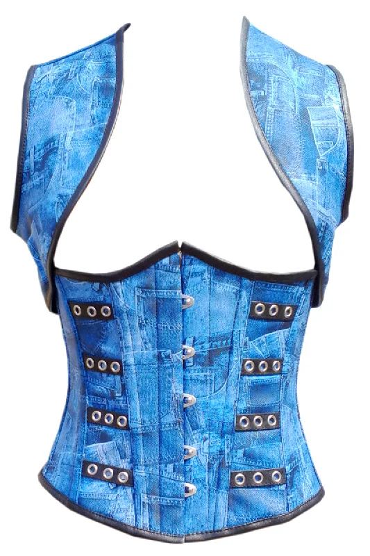 Special Savings Special Savings Blue Denim Print Leather Waist Training Underbust Corset Top with Shrug Special Savings Special Savings Blue Denim Print Leather Waist Training Underbust Corset Top with Shrug