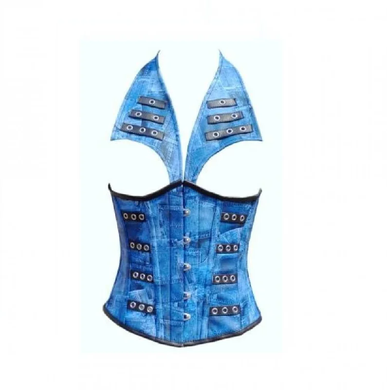 Act Now Act Now Blue Denim Print Leather with Collar Style Waist Training Underbust Corset Top Act Now Act Now Blue Denim Print Leather with Collar Style Waist Training Underbust Corset Top