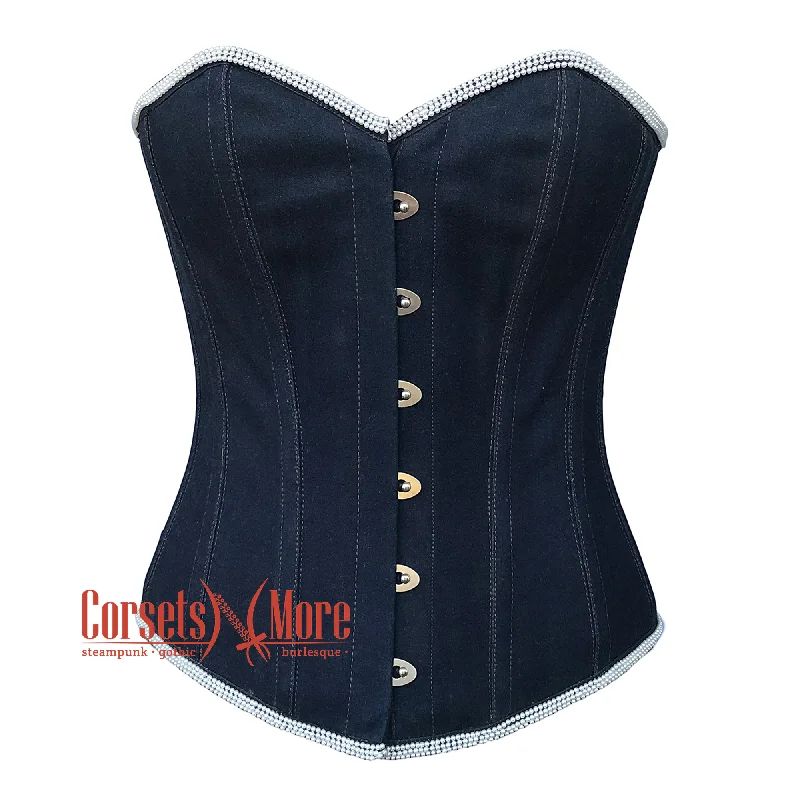 Weekend Offers That Shine Weekend Offers That Shine Blue Denim White Perl Piping Burlesque Gothic Overbust Corset Top