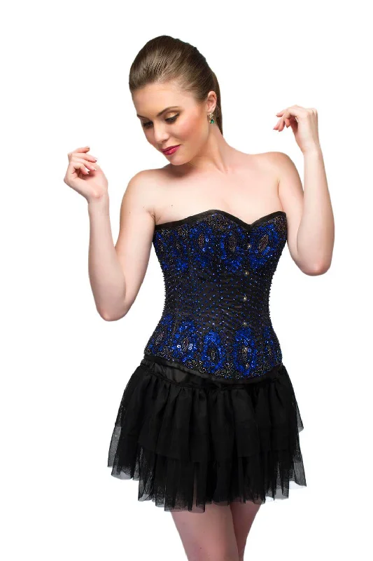 Great Bargain Great Bargain Blue Satin Black Handmade Sequins Corset Overbust Top