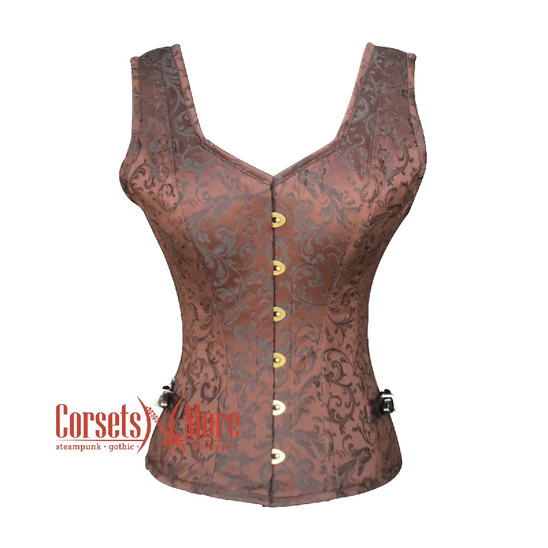 Stock Clearance Stock Clearance Brown Brocade Gothic Corset Shoulder Strap Overbust Bustier Top Women's Day Costume