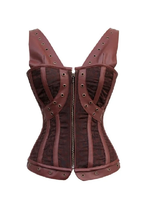 Instant Savings Instant Savings Brown Brocade Leather Shoulder Straps Overbust Corset Waist Training Period Costume Instant Savings Instant Savings Brown Brocade Leather Shoulder Straps Overbust Corset Waist Training Period Costume