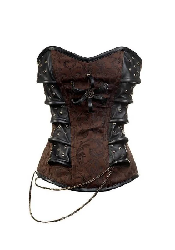 Price Buster Price Buster Brown Brocade with Leather Patches Steampunk Corset Waist Training Overbust Gothic Top Price Buster Price Buster Brown Brocade with Leather Patches Steampunk Corset Waist Training Overbust Gothic Top