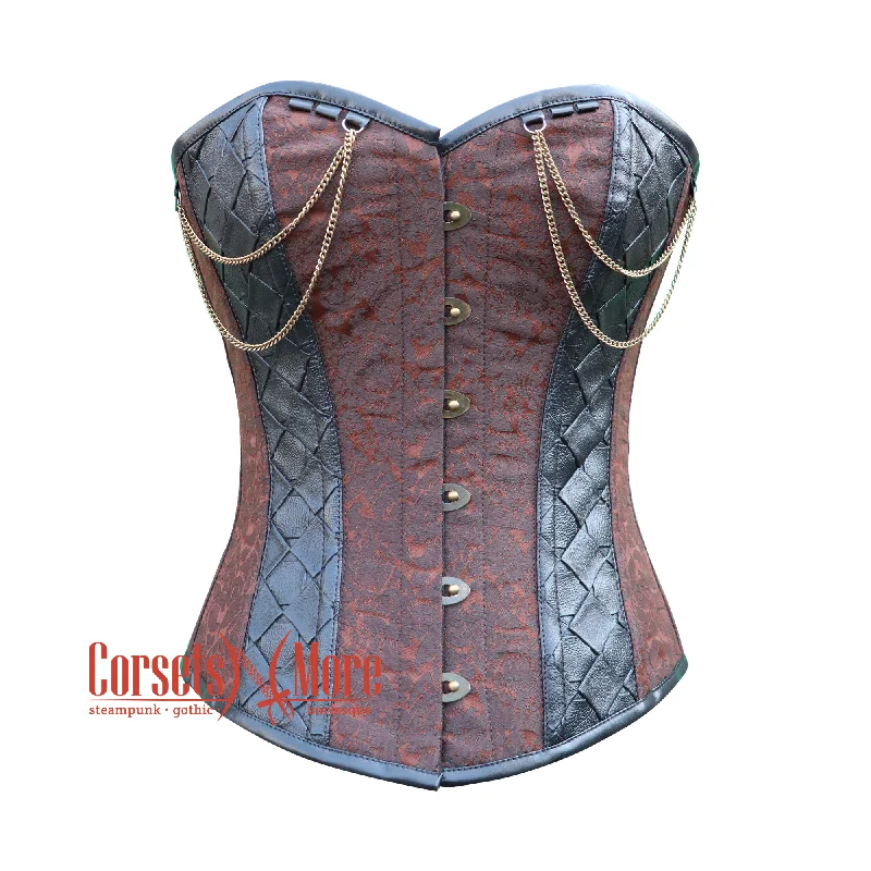 New Deals New Deals Brown Brocade With Leather Steampunk Costume Overbust Corset Top