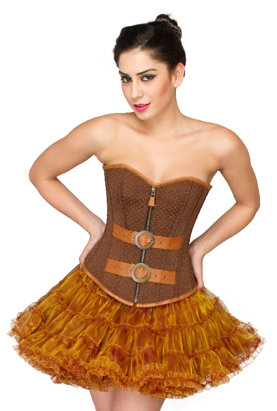 Midnight Sale Midnight Sale Brown Cotton Brocade with Leather Belts Overbust Corset Top Midnight Sale Midnight Sale Brown Cotton Brocade with Leather Belts Overbust Corset Top