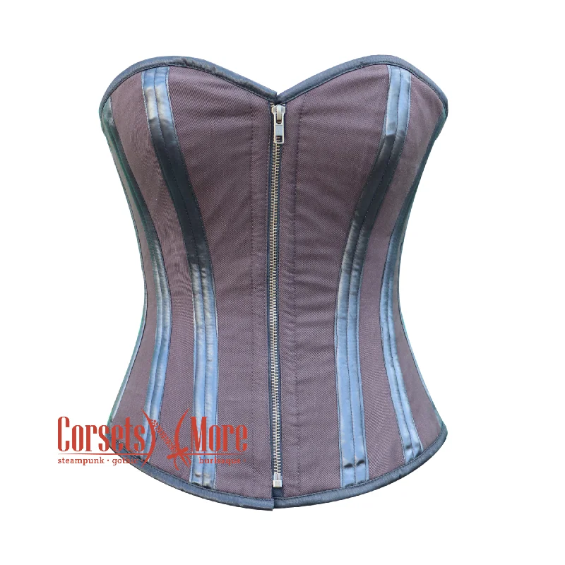 Quick Sale Quick Sale Brown Cotton Leather Stripe Steampunk Double Bone Costume for Halloween Overbust Corset