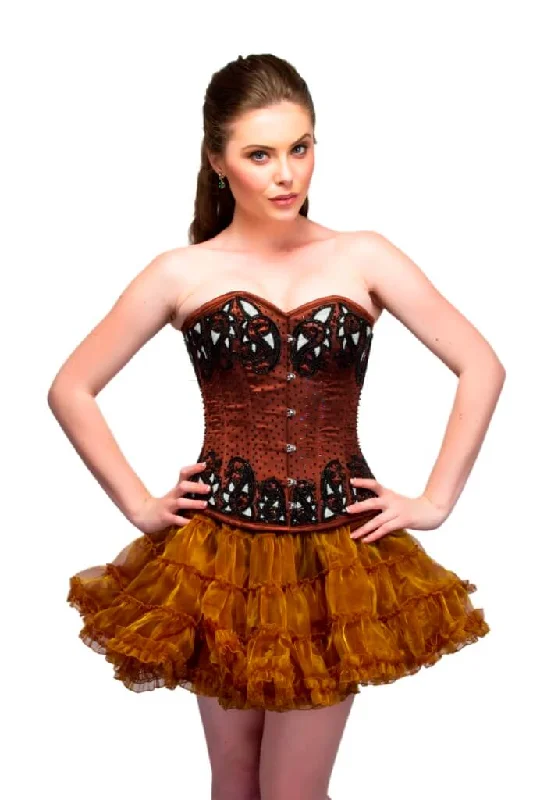 Deep Savings Deep Savings Brown Satin Black Sequins Waist Cincher Overbust Corset Top