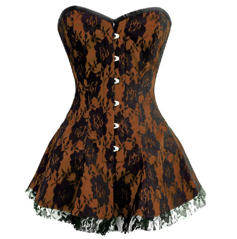 Closeout Closeout Brown Satin Corset Black Net Gothic Burlesque Costume Overbust