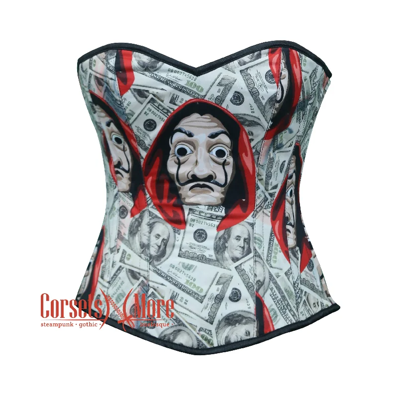 Take Advantage Take Advantage Dollars with Money Heist Halloween Mask Printed Satin Overbust Corset
