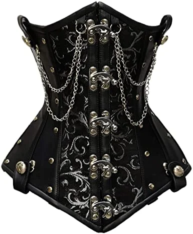 Now or Never Now or Never Goel Silver Brocade & Faux Leather Underbust Corset With Chain Details Now or Never Now or Never Goel Silver Brocade & Faux Leather Underbust Corset With Chain Details