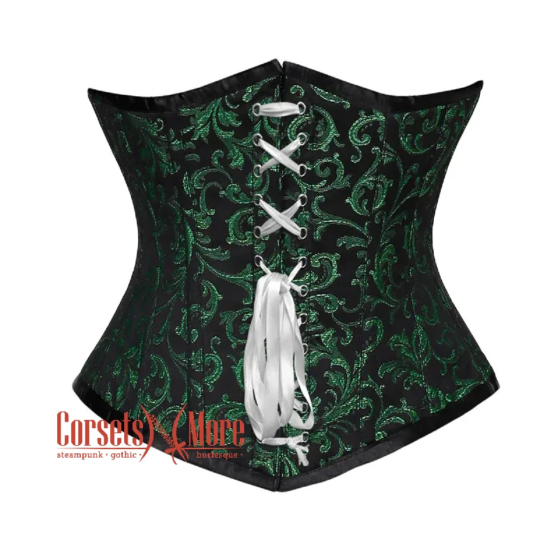 Steal Deal Steal Deal Green And Black Brocade With Front White Lace Underbust Corset Gothic Costume Bustier Top