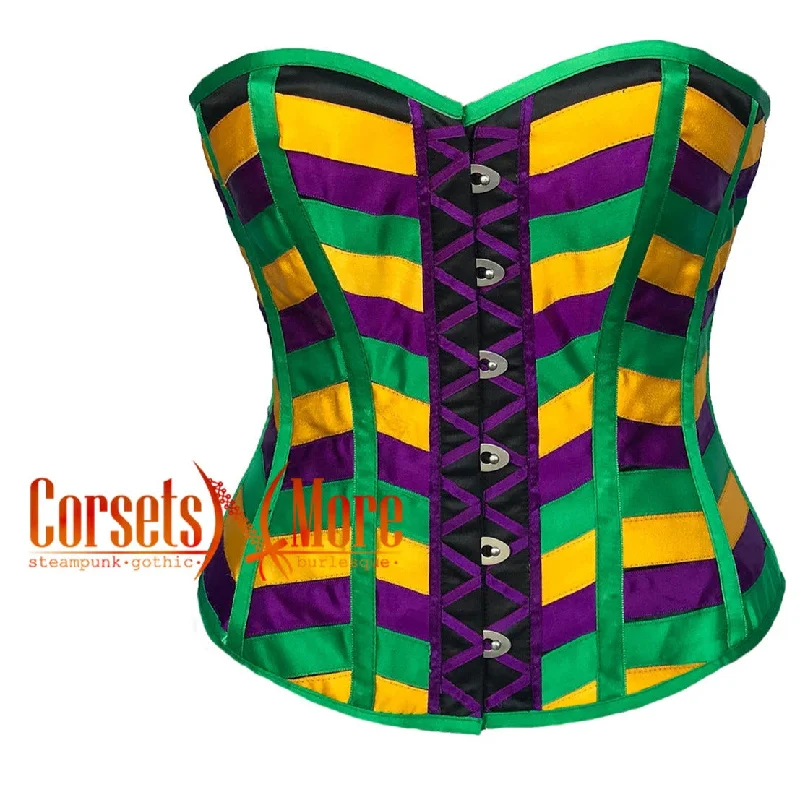 Pay Less Pay Less Green Purple and Yellow Satin Multi Color Striped Costume for Mardi Gras Overbust Corset Top Pay Less Pay Less Green Purple and Yellow Satin Multi Color Striped Costume for Mardi Gras Overbust Corset Top