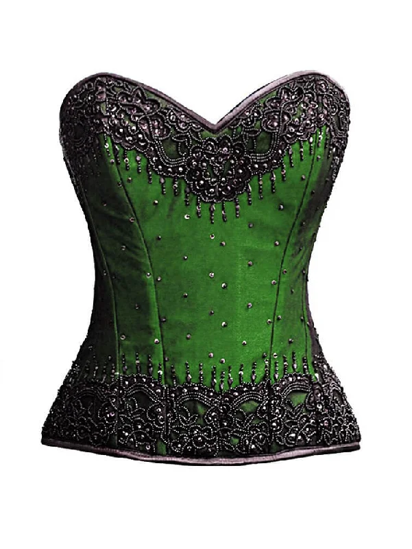 Great Deals Great Deals Green Satin Corset Black Handmade Sequins Gothic Waist Training Overbust Costume