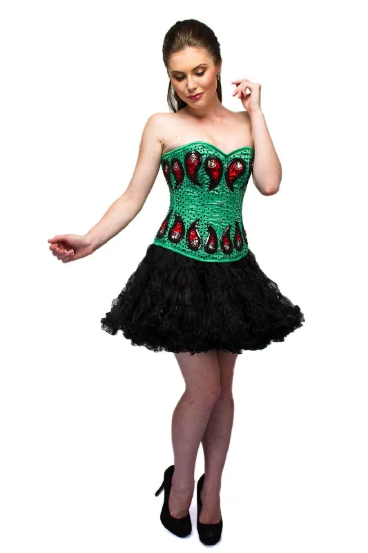 Crazy Savings Crazy Savings Green Satin Red Sequins Handmade Women Corset Overbust Top