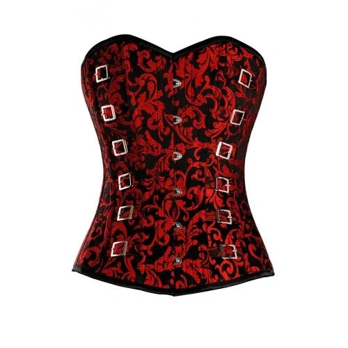 Don't Delay Don't Delay Irrera Red and Black Brocade Pattern Corset with Silver Buckle Detail