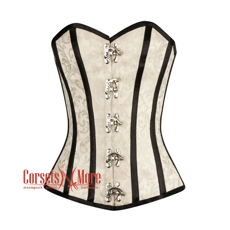 Stock Up and Save Stock Up and Save Ivory Brocade With Black Stripes Burlesque Gothic Overbust Corset Bustier Top Stock Up and Save Stock Up and Save Ivory Brocade With Black Stripes Burlesque Gothic Overbust Corset Bustier Top