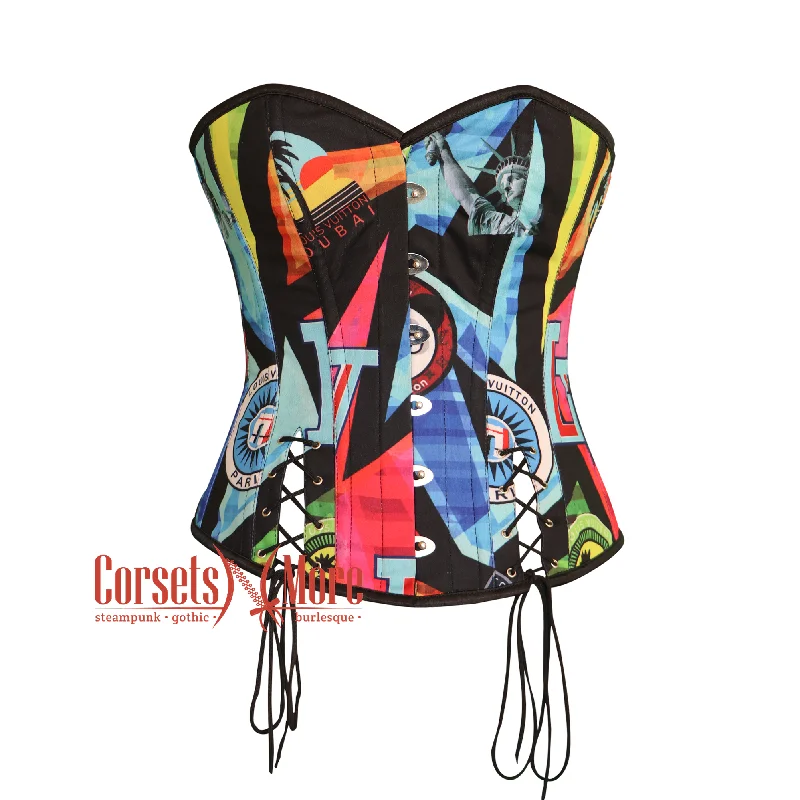 Deep Discounts Deep Discounts Multi Printed Satin With Front Lace Overbust Costume Waist Cincher Cosplay Corset
