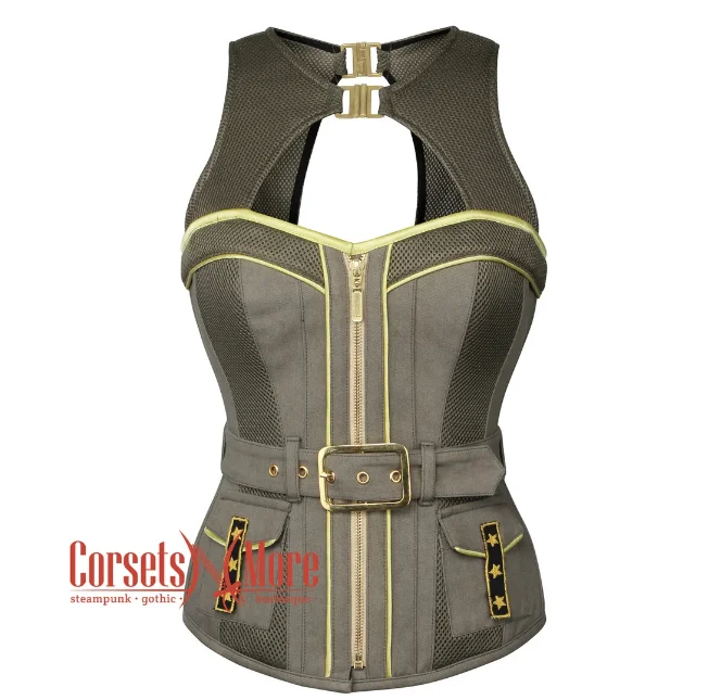 Best Bargains Best Bargains Olive Green Cotton Overbust Corset with Mesh Military Costume Best Bargains Best Bargains Olive Green Cotton Overbust Corset with Mesh Military Costume