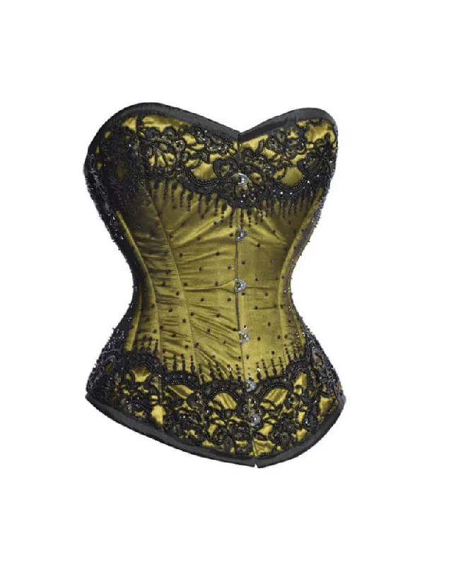 Exclusive Savings Exclusive Savings Olive Green Satin With Sequins Gothic Burlesque Corset Waist Training Overbust Exclusive Savings Exclusive Savings Olive Green Satin With Sequins Gothic Burlesque Corset Waist Training Overbust