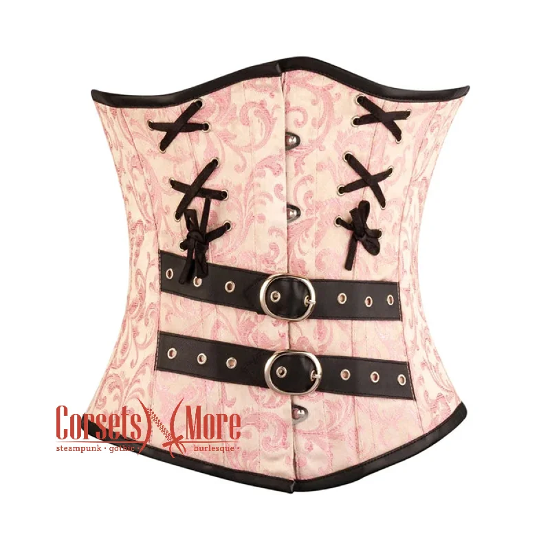 Price Break Price Break Pink Brocade With Leather Belts Steampunk Costume Waist Cincher Basque Underbust Corset Price Break Price Break Pink Brocade With Leather Belts Steampunk Costume Waist Cincher Basque Underbust Corset