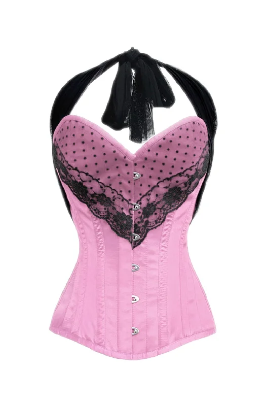 Huge Discounts Huge Discounts Pink Satin Corset Black Net Halter Neck Waist Training LONGLINE Overbust Huge Discounts Huge Discounts Pink Satin Corset Black Net Halter Neck Waist Training LONGLINE Overbust