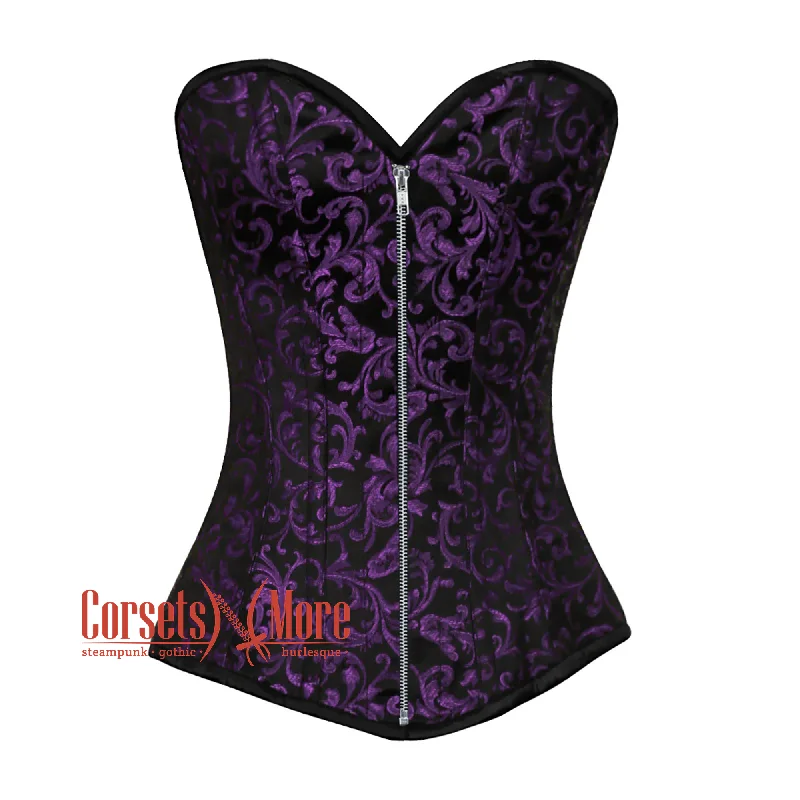 Super Deal Super Deal Purple And Black Brocade Front Zipper Gothic Corset Overbust Top Super Deal Super Deal Purple And Black Brocade Front Zipper Gothic Corset Overbust Top
