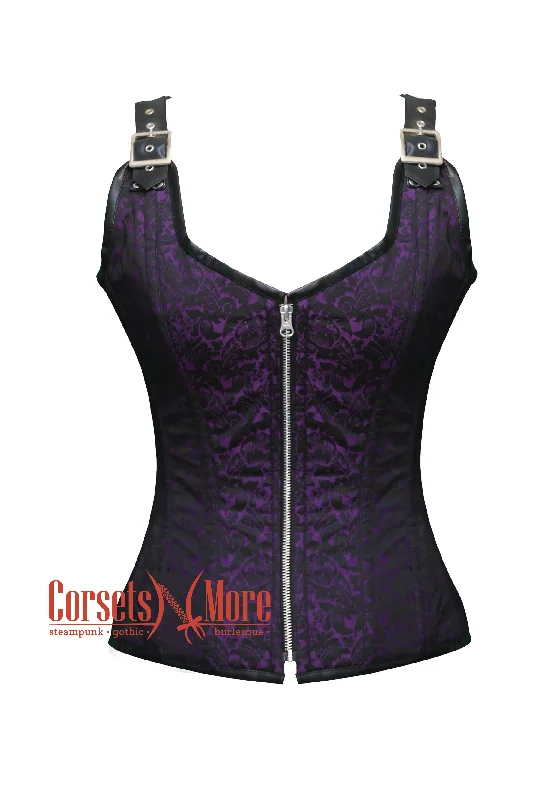 Buy Today Buy Today Purple and Black Brocade Overbust Corset With Straps Boned Outerwear Costume Bustier Top Buy Today Buy Today Purple and Black Brocade Overbust Corset With Straps Boned Outerwear Costume Bustier Top