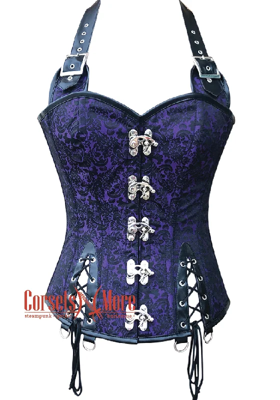 Overstock Sale Overstock Sale Purple Black Brocade Black Leather Belts halter Neck Overbust Sexy Corset Overstock Sale Overstock Sale Purple Black Brocade Black Leather Belts halter Neck Overbust Sexy Corset