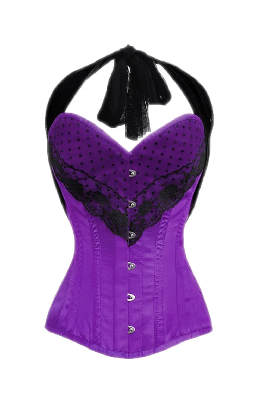 Hurry In Hurry In Purple Satin Corset Black Net Halter Neck Gothic LONGLINE Overbust Costume for Mardi Gras Hurry In Hurry In Purple Satin Corset Black Net Halter Neck Gothic LONGLINE Overbust Costume for Mardi Gras