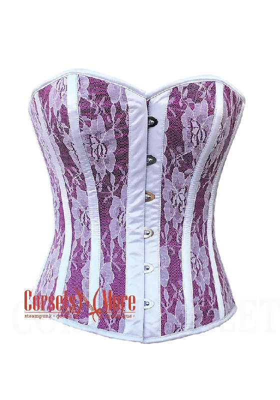 Deal Alert Deal Alert Purple Satin White Floral Lace Overbust Gothic Costume Bustier Corset Top Deal Alert Deal Alert Purple Satin White Floral Lace Overbust Gothic Costume Bustier Corset Top