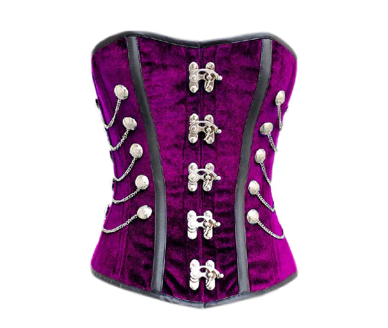 Low Prices Low Prices Purple Velvet Black Faux Leather Stripes Gothic Corset Overbust Costume for Mardi Gras Low Prices Low Prices Purple Velvet Black Faux Leather Stripes Gothic Corset Overbust Costume for Mardi Gras