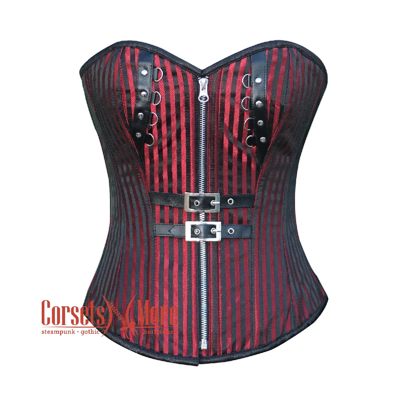 Final Markdown Final Markdown Red And Black Brocade Gothic Front Zipper Leather Overbust Corset Halloween Top