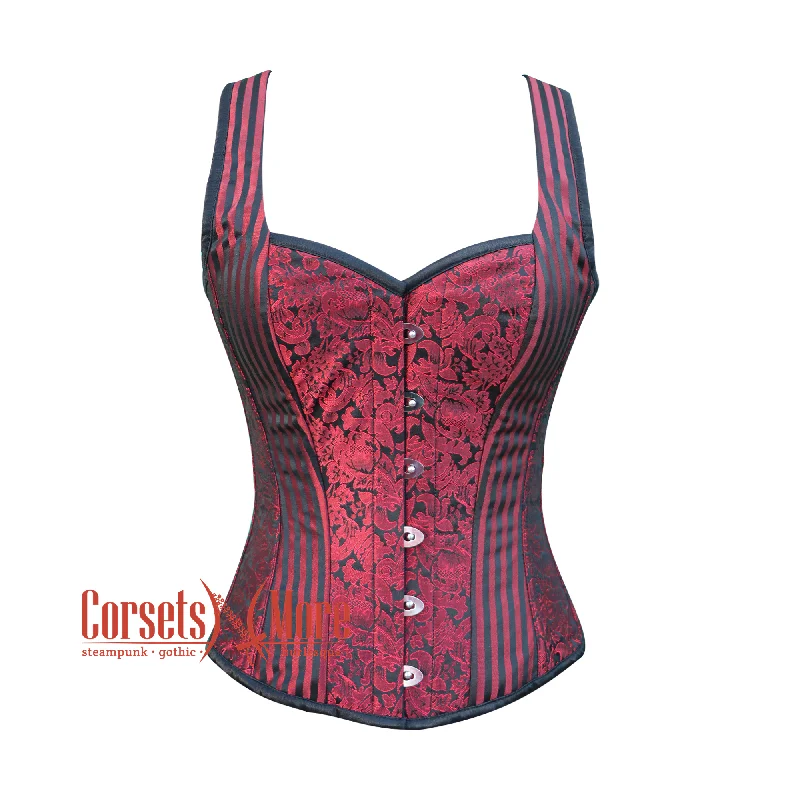 Closeout Closeout Red And Black Brocade Halloween Corset with Shoulder Strap Overbust Top