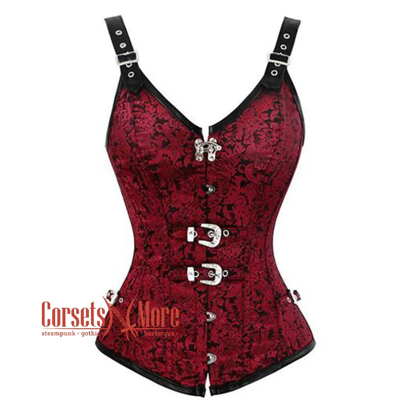 Last Chance Last Chance Red and Black Brocade Leather Shoulder Strap Steampunk Sexy Waist Training Overbust Corset Bustier Top Last Chance Last Chance Red and Black Brocade Leather Shoulder Strap Steampunk Sexy Waist Training Overbust Corset Bustier Top