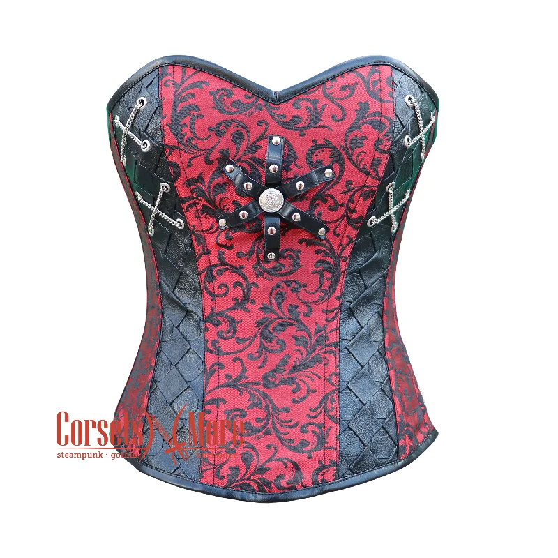 Low Prices Low Prices Red and Black Brocade Steampunk Leather Gothic Costume Overbust Corset Top