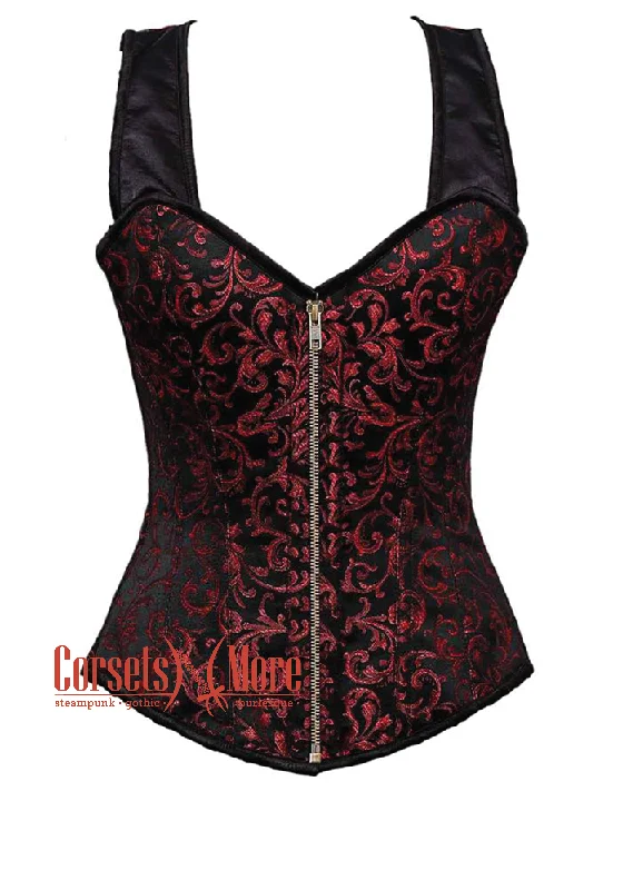 Steals and Deals Steals and Deals Red and Black Brocade With Shoulder Strap with Antique Zipper Overbust Corset Steals and Deals Steals and Deals Red and Black Brocade With Shoulder Strap with Antique Zipper Overbust Corset