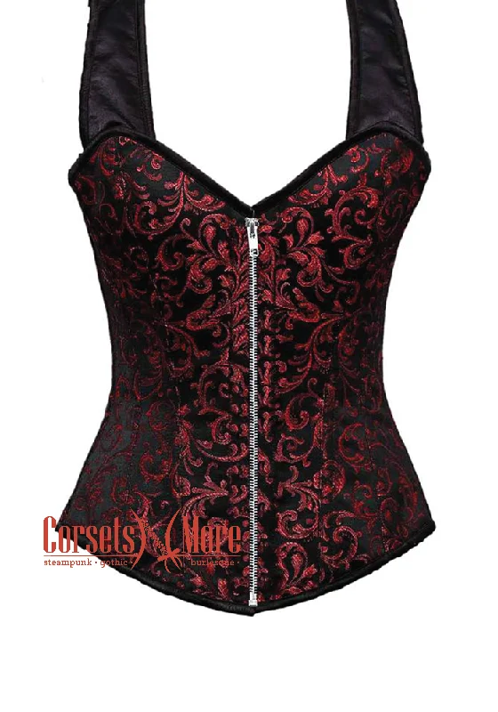 Special Price Special Price Red and Black Brocade With Shoulder Strap Silver Zip Overbust Corset Top Special Price Special Price Red and Black Brocade With Shoulder Strap Silver Zip Overbust Corset Top