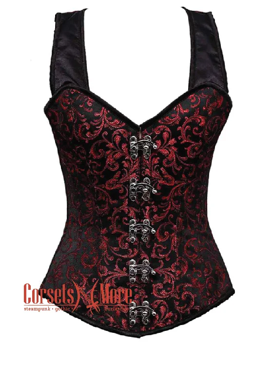 Super Bargain Super Bargain Red and Black Brocade Steampunk Costume Overbust Corset With Shoulder Straps Super Bargain Super Bargain Red and Black Brocade Steampunk Costume Overbust Corset With Shoulder Straps