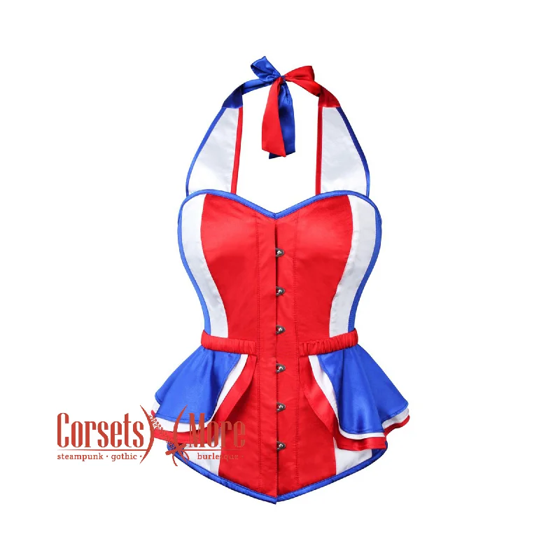 Inventory Reduction Inventory Reduction Red Blue Satin Peplum Corset With Strap Costume France Flag Top Inventory Reduction Inventory Reduction Red Blue Satin Peplum Corset With Strap Costume France Flag Top