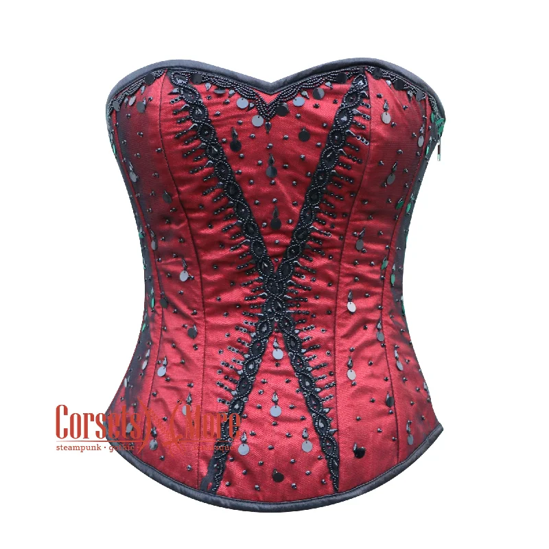 Super Savings Super Savings Red Satin With Black Sequins Burlesque Gothic Overbust Corset Bustier Top Super Savings Super Savings Red Satin With Black Sequins Burlesque Gothic Overbust Corset Bustier Top
