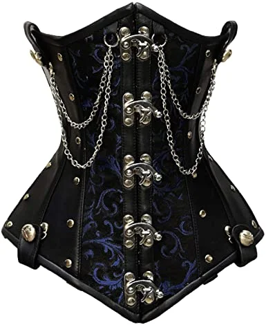 Epic Deals Epic Deals Rueber Blue Brocade & Faux Leather Underbust Corset With Chain Details Epic Deals Epic Deals Rueber Blue Brocade & Faux Leather Underbust Corset With Chain Details