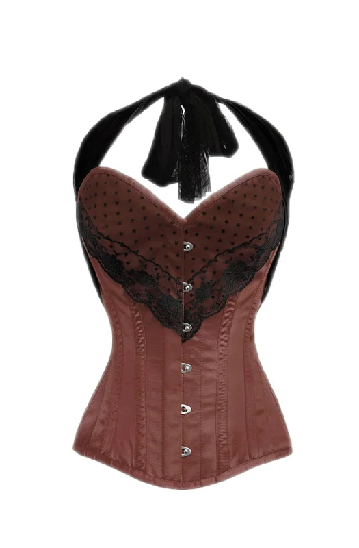 Deal Dash Deal Dash Brown Satin Corset Black Net Halter Neck Waist Training LONGLINE Overbust Costume Deal Dash Deal Dash Brown Satin Corset Black Net Halter Neck Waist Training LONGLINE Overbust Costume