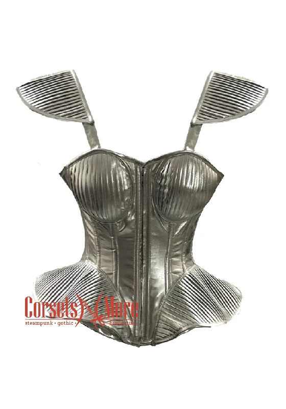 Super Deal Super Deal Silver Leather Overbust Corset with Shoulder Pads Bustier Costume Super Deal Super Deal Silver Leather Overbust Corset with Shoulder Pads Bustier Costume