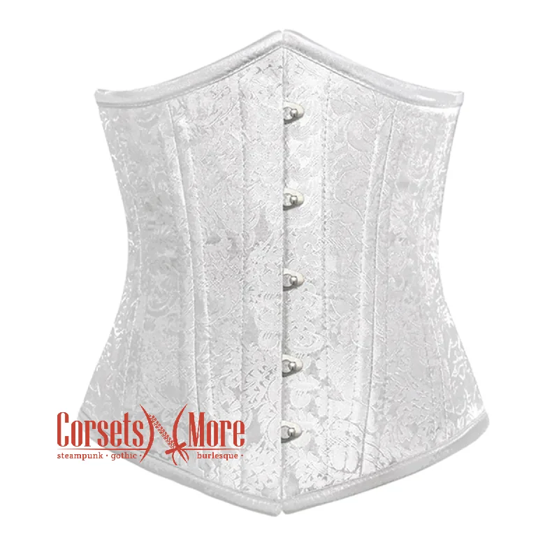 Extra Discounts Extra Discounts White Brocade Silver Busk Double Bone Steampunk Gothic Waist Training Underbust Corset Bustier Top