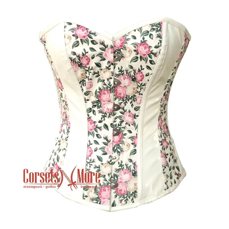 Weekend Savings Galore Weekend Savings Galore White PVC Floral Printed Soft Leather Gothic Overbust Steampunk Corset Top Weekend Savings Galore Weekend Savings Galore White PVC Floral Printed Soft Leather Gothic Overbust Steampunk Corset Top