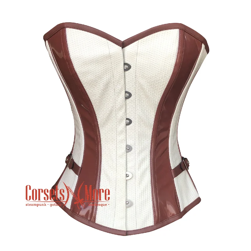 Weekend Specials Just for You Weekend Specials Just for You White Rice Leather And Brown PVC Steampunk Overbust Waist Cincher Corset Weekend Specials Just for You Weekend Specials Just for You White Rice Leather And Brown PVC Steampunk Overbust Waist Cincher Corset