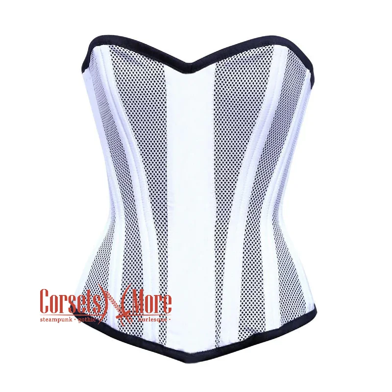 Weekend Wonders Await! Weekend Wonders Await! White Satin With Mesh Burlesque Gothic Overbust Corset Bustier Top
